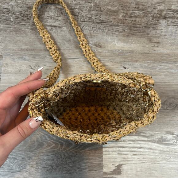 NWT Boks & Baum Woven Raffia Crossbody Bag Gold Lurex Turquoise Detail - Picture 3 of 10